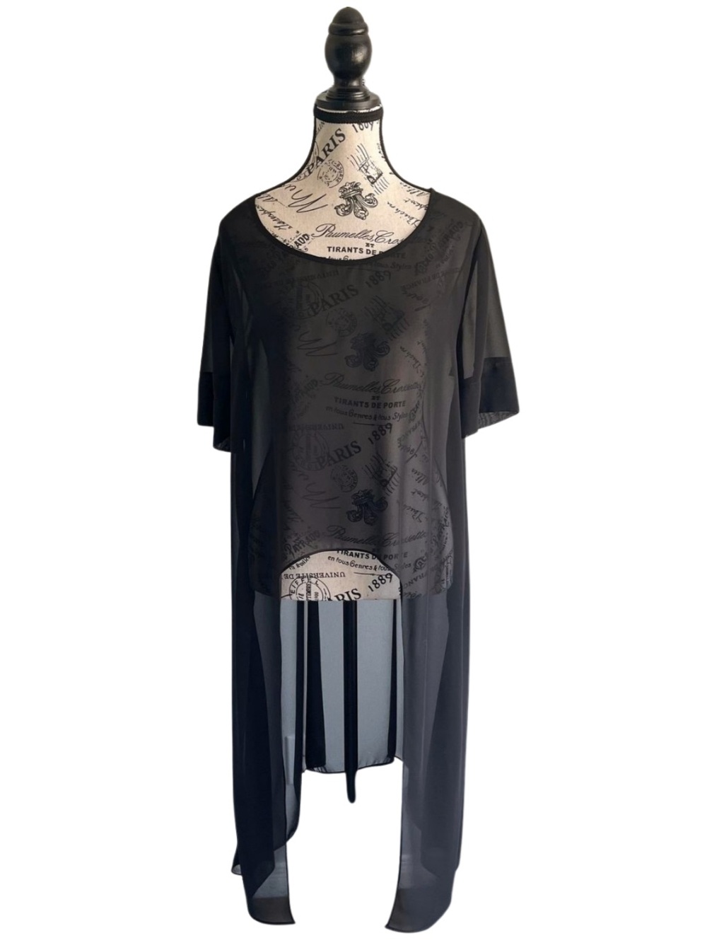 Simon Chang Black Sheer Mesh Longline Top High Low Layering Goth Witch Dark Boho